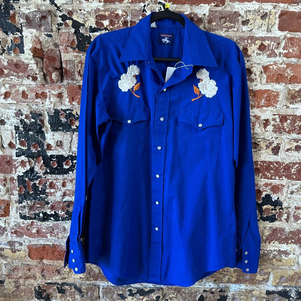 Chute 1 Shirt Mens Pearl Snap VTG Casual Western Rockabilly Cotton 15/16-35 blue